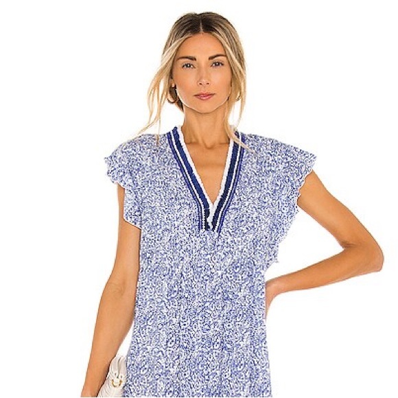 Poupette St. Barth V Neck Short Sleeve Tunic Top Blue & White Fringe Size Medium - Picture 2 of 6